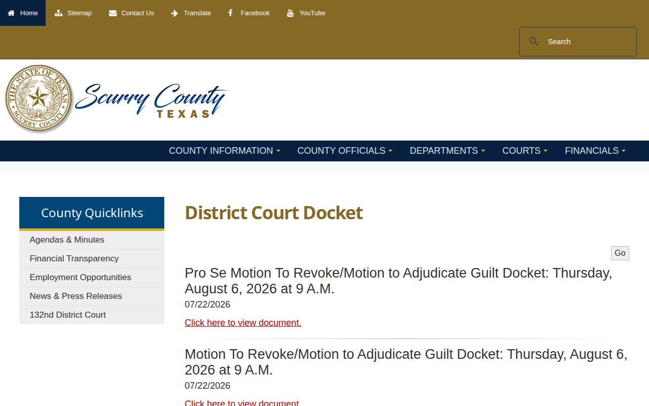 Scurry County court dockets supporting released inmate record checks
