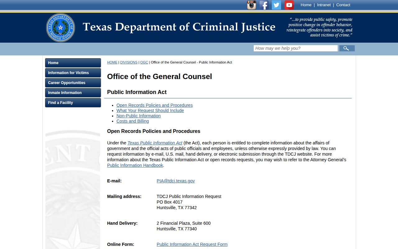 TDCJ Public Information Act request route for CID photographs
