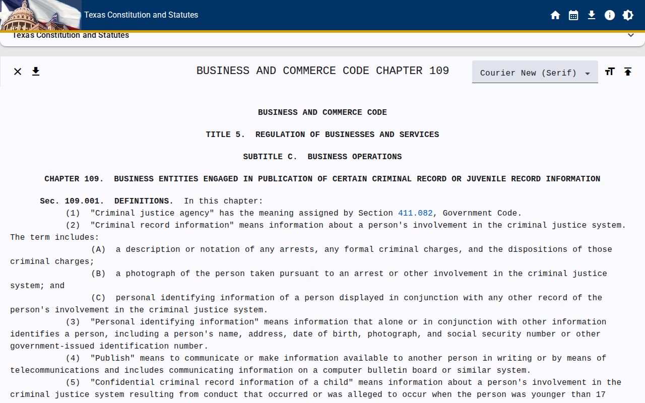 Texas Chapter 109 booking-record publication correction law