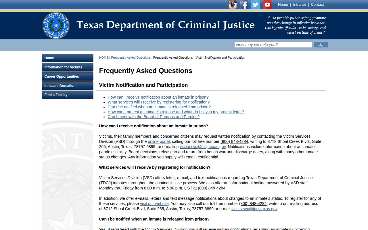 TDCJ victim notification page describing state-prison status events